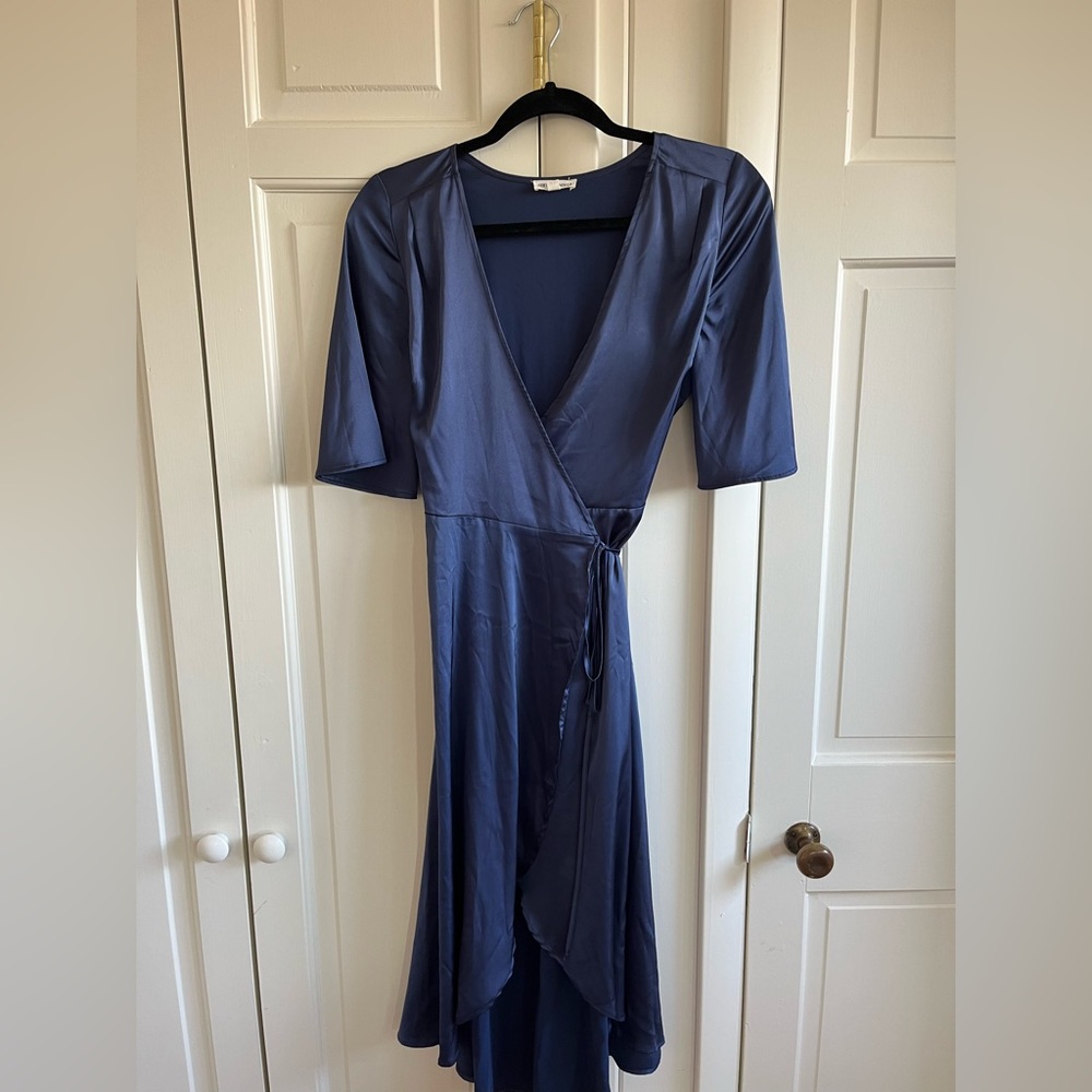 Navy blue satin wrap dress